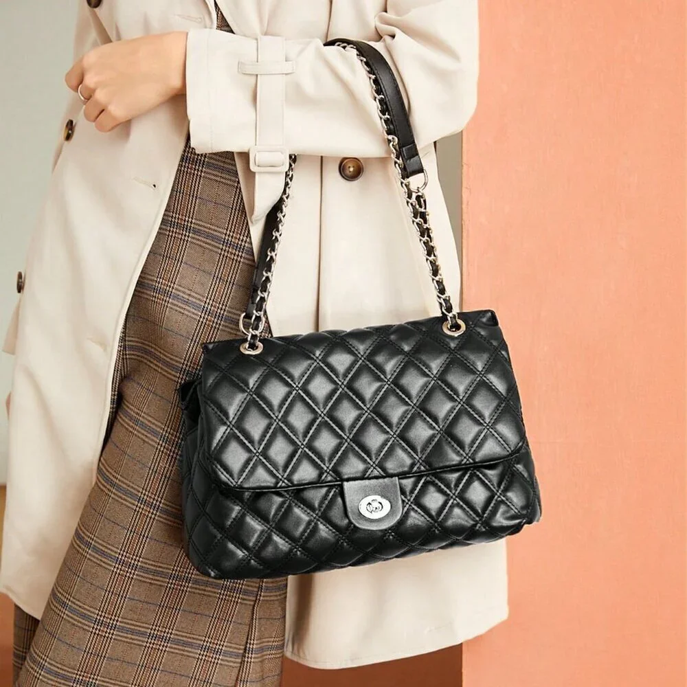 Black Elegant Women's Large Capacity Rhombic Pattern Crossbody Bag